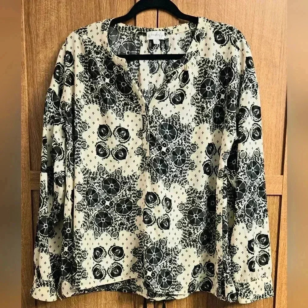 Wonderly Geometric Floral Print Long Sleeve Tunic Women L